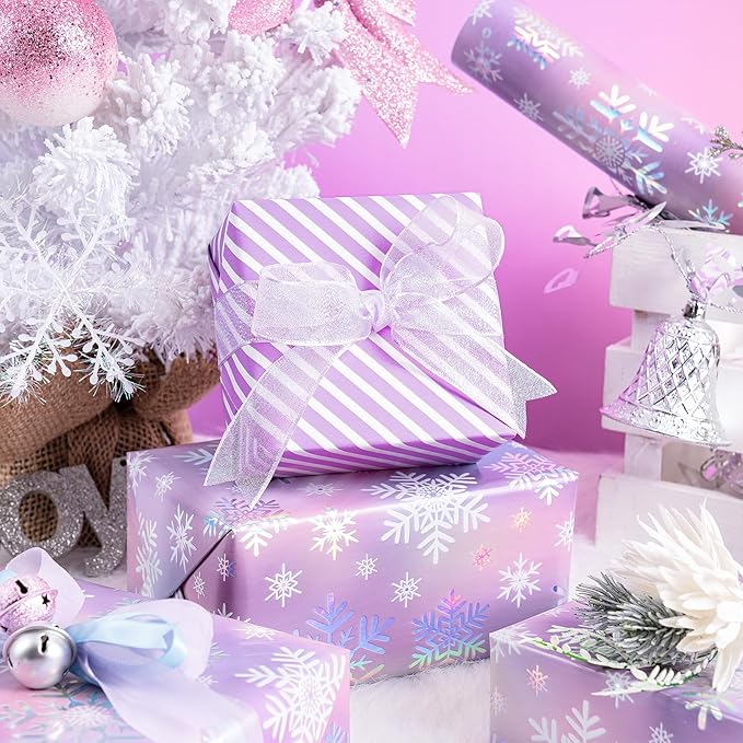 RUSPEPA 30" X 32.8' Reversible Christmas Wrapping Large Paper Roll, Jumbo Roll, Colorful Foil Pastel Snowflake Design and Purple Stripes Dreamy Gift Wrap for Girls, Women, Family, Xmas Holiday Gifts
