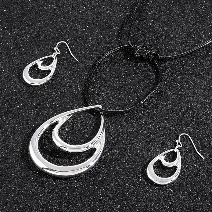 Madison Tyler Gold Plated Jewelry Set for Women | Silver Teardrop Pendant Necklace Trendy | Long Necklace with Snake Chain | Fashion Dangle Earring Set