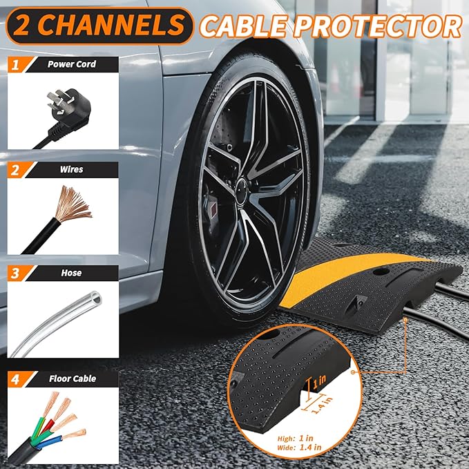 Heavy Duty Speed Bumps for Driveway, 84" Rubber Speed Bumps, 1 Pack 2 Channel Modular Traffic Speed Bump Hump Cable Protector Ramps for Asphalt Concrete Gravel Driveway Road with 2 End Caps, 6 Spikes