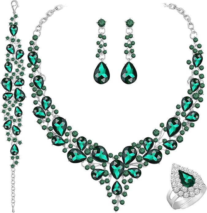 Crystal Bridal Wedding Jewelry Sets for Women Rhinestone Teardrop Crystal Statement Choker Necklace Drop Earrings Link Bracelets Rings Teardrop Jewelry Set for Brides Bridesmaids