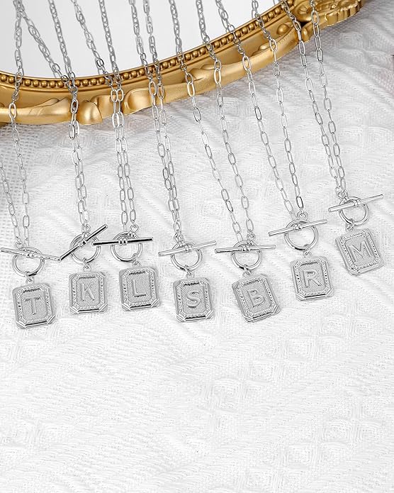 MJartoria Layered Initial Necklaces for Women Trendy, 14K Gold Plated Brass Simple Moon Choker Square Letter Pendant Necklace, Paperclip Chain Necklaces Jewelry Gifts