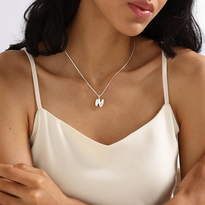 Bubble Gold Silver Letter Necklace Initial Necklaces for Women Trendy 14K Dainty Charm Pendant Name Necklace Personalized Jewelry Gift for Women Teen