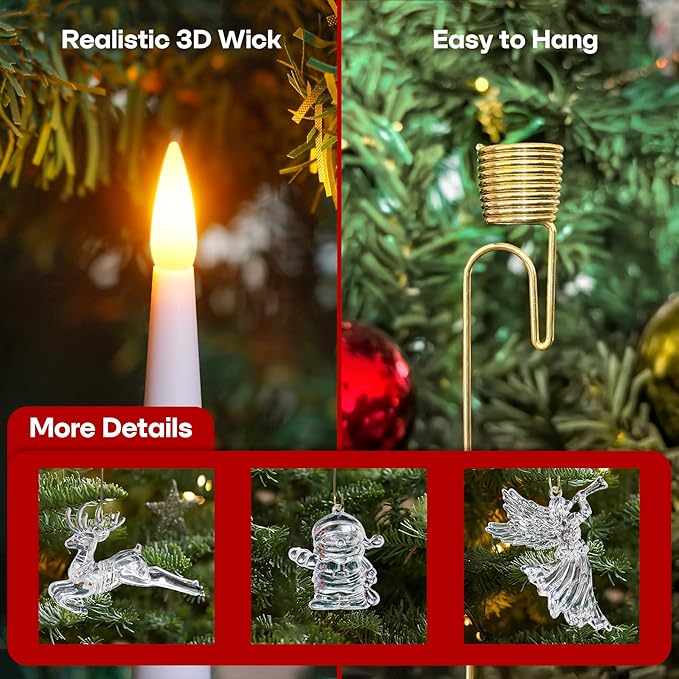 Pack of 12 Flickering Remote 0.5" x6" LED Short Taper Candles with Snowman Reindeer Fairy Hooks, Battery Operated Timer Window White Plastic Flameless Candlesticks for Holiday Decor