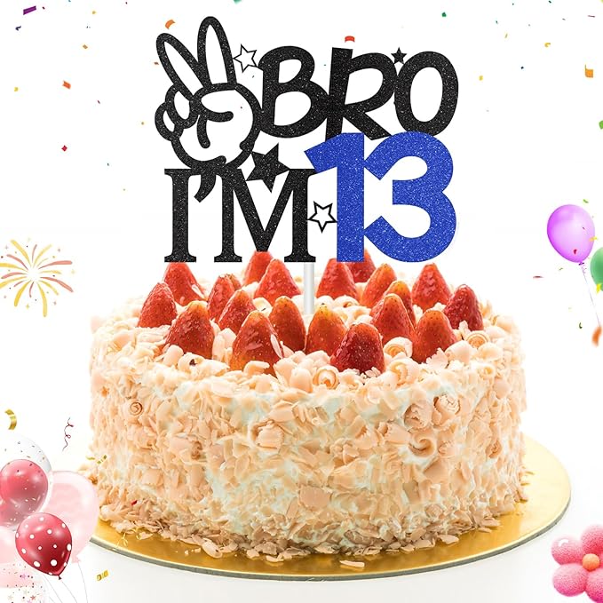 Bro I'm 13 Cake Topper, 13th Birthday Decorations for Boy, Glitter Funny 13th Birthday Cake Topper, Big Brother 13 Year Old Birthday Party Decoration Supplies