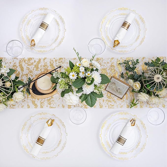 U-QE 350PCS Gold Plastic Plates - Disposable Dinnerware Set for 50 Guests - Clear and Gold Plates and Napkins Party Supplies include 100 Plate, 150 Silverware, 50 Cups, 50 Napkins for Weddings&Party