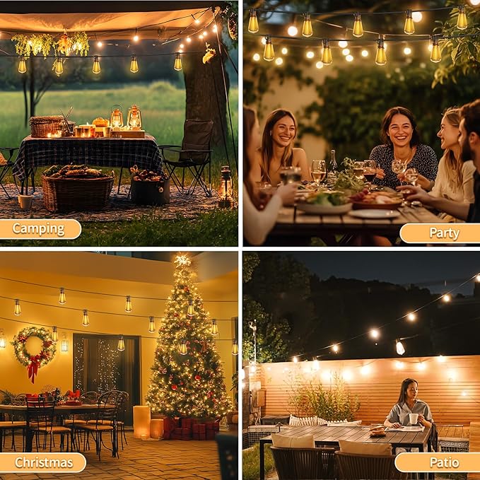 50ft LED String Lights with Remote, 25+1 Bulbs Dimmable String Lights for Outside, ST38 Patio Lights Outdoor Waterproof, Decorative Hanging Lights for Deck, Garden, Backyard