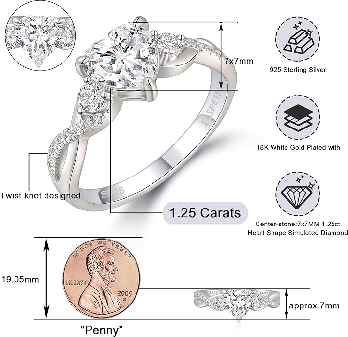 Elspeth 925 Sterling Silver Heart Engagement Ring for Women Heart Cut Cubic Zirconia Promise Ring Size 4-10