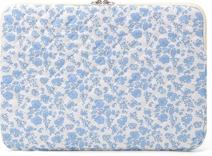 Puffy Laptop Sleeve 13-15.6 Inch Cute Quilted Laptop Protective Case Padded Floral Computer Sleeve for MacBook (B-Blue, 15 Inch)