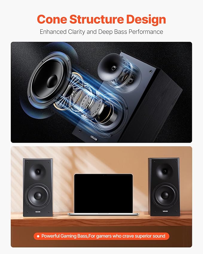 VEVOR Passive Bookshelf Speaker, 100W, Book Shelf Stereo Speakers with 6.5-Inch Woofer and 1-Inch Tweeter, Detachable Grille, 55Hz-20KHz Frequency Response, Wooden Enclosure, for Home Theater (1 Pair)