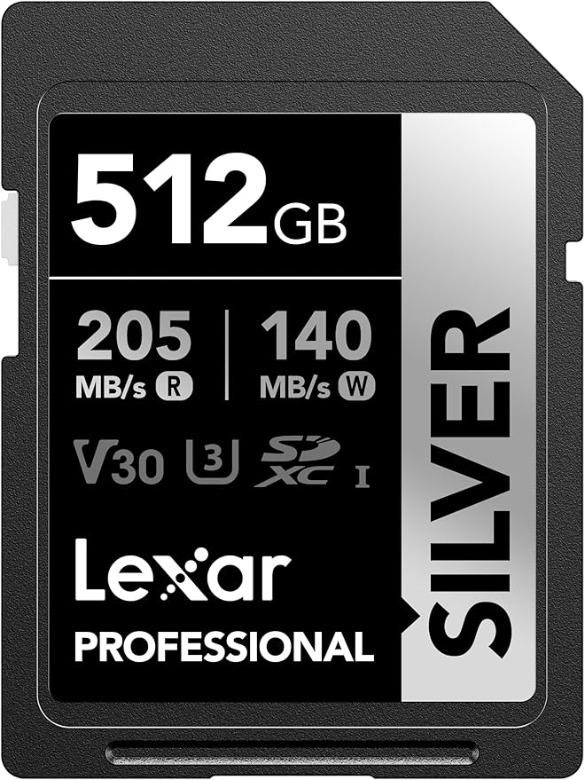 Lexar 512GB Professional Silver SD Card, UHS-I, C10, U3, V30, 4K, Up to 205/140 MB/s SDXC Memory Card, for Professional Photographer, Videographer, Enthusiast (LSDSILV512G-BNNNU)