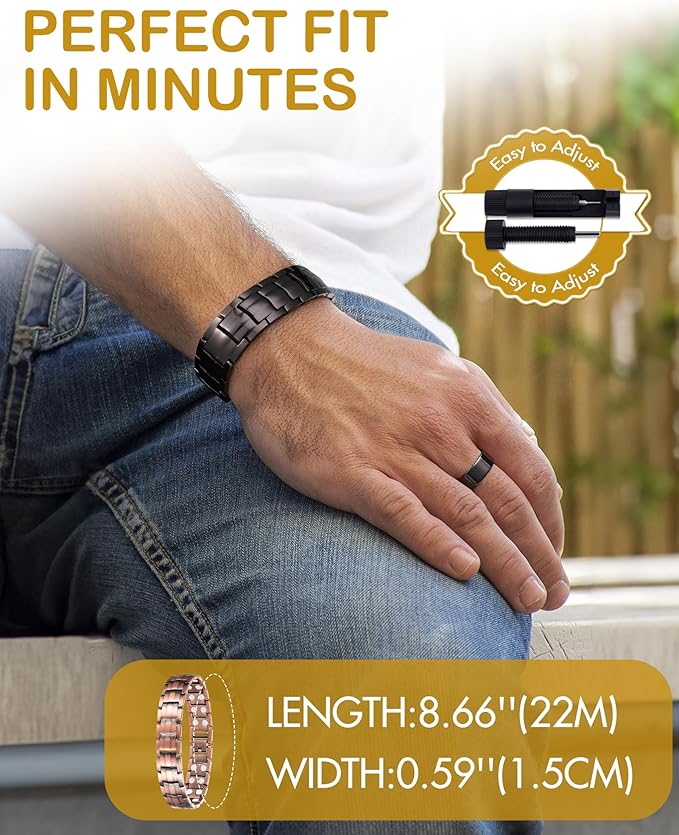 Feraco Men's Copper Magnetic Bracelet and Ring Elegant 99.99% Solid Copper Bracelets with Double-Row Strong Magnets, Magnetic Field Therapy Jewelry(Black)
