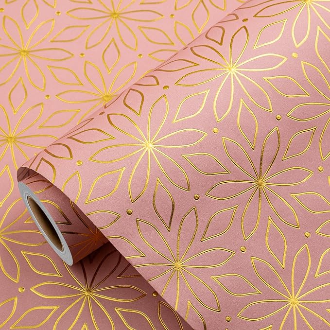 Garbendy Pink Wrapping Paper Roll - 17 Inch X 32.8 Feet - Pink Metallic Gold Foil Flower Gift Wrapping Paper for Christmas, Birthday, Baby Shower, Bridal Shower, Party