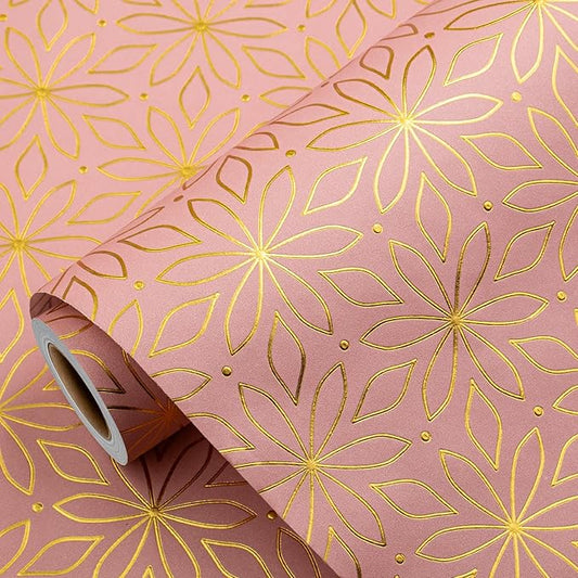 Garbendy Pink Wrapping Paper Roll - 17 Inch X 32.8 Feet - Pink Metallic Gold Foil Flower Gift Wrapping Paper for Christmas, Birthday, Baby Shower, Bridal Shower, Party