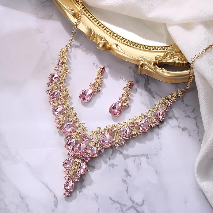 BriLove Women's Wedding Bridal Austrian Crystal Teardrop Flower Cluster Statement Necklace Dangle Earrings Jewelry Set for Party Prom