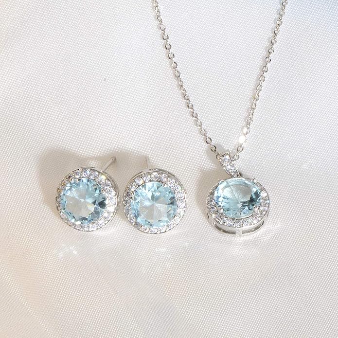 Bridal Crystal Jewelry Set - Sterling Silver Round Cubic Zirconia CZ Rhinestone Halo Birthstone Pendant Necklace Stud Earrings Set for Wedding Bride Bridesmaids Birthday Gift
