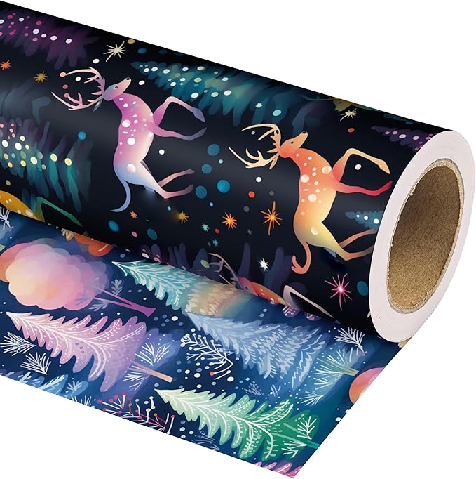 Vnaaem Chrismas Wrapping Paper Roll for Boys Kids Girls - Cute Rainbow Xmas Gift Wrap with Reindeer Trees Design for Holiday Winter Birthday DIY Craft Party(Total 28.5sq.ft)