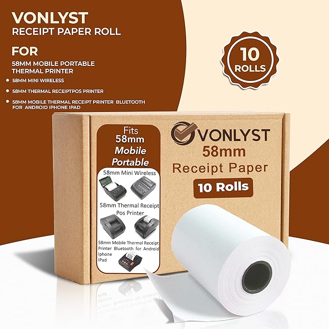 Receipt Paper Roll for 58mm Mobile Portable Thermal Printer (Pack 10 rolls)