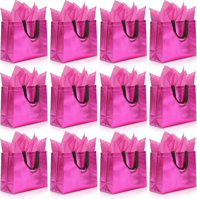 KeerxunBag 12Pcs Reusable Gift Bags（Includes Tissue Paper） Gift bag with handle Birthdays Parties Holidays Weddings Medium 13x5x11in Magenta gift Bags