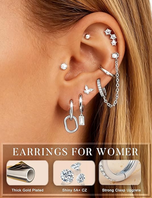 HAIAISO Small 14K Gold Plated Huggie Hoop Earrings for Women Lightweight Double Piercing Chain Earrings Dainty Stud Earrings Hypoallergenic 14K Gold Plated Hoop Earrings Set