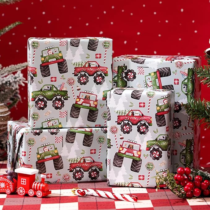 PlandRichW Monster Truck Christmas Wrapping Paper - Colorful Monster Trucks with Xmas Trees & Holiday Patterns - 40×28 Inch Xmas Gift Wrap, 4 Folded Sheets for Kids & Adults