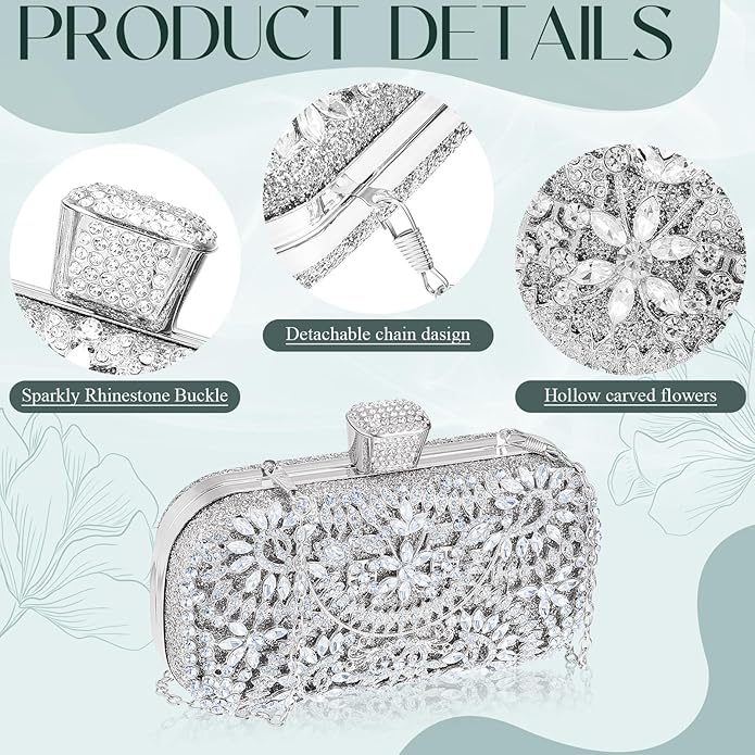 Quelay 4 Pcs Purse Rhinestone Jewelry Set Evening Clutch Bag Bling Crystal Necklace Dangle Earrings Bracelets Accessories