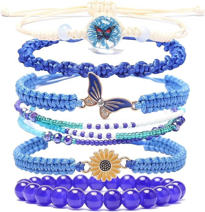 DS 6PCS String beads Charm Bracelets for Teen Girls Handmade Braided Rope Butterfly daisies Eternal flower Boho Surfer Bracelet for women Adjustable friendship Stretch birthday jewelry Gift Friends