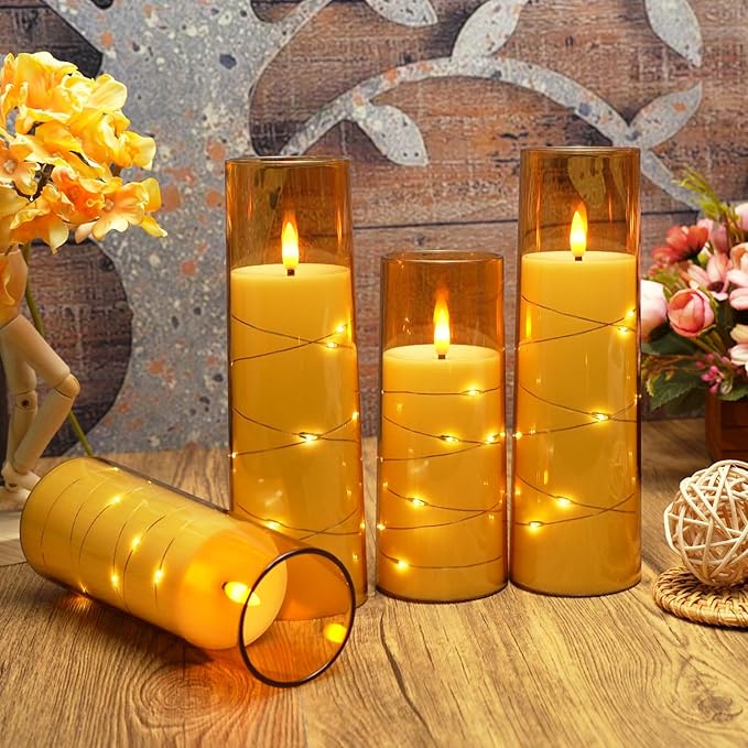 Flameless Candles with Embedded Star String, Battery Operated LED Pillar Candles with Timer and Remote Control,Home Decorating for Ambiance， Set of 7 (Gold)