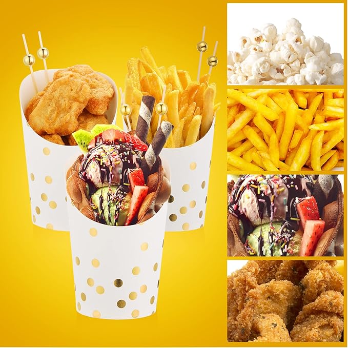 14 oz Charcuterie Cups Disposable French Fries Holder French Fry Paper Cups Gold Polka Dots Popcorn Boxes and 4.7 Inch Cocktail Picks Gold Pearl Bamboo Skewers for Party(White,200 Pcs)