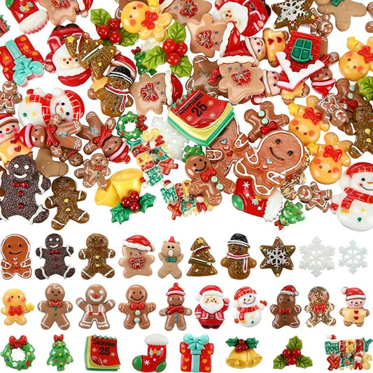 Giegxin 40 Pcs Christmas Resin Charm Kawaii Gingerbread Snowman Santa Xmas Tree Flat Back Cabochon Accessories Cute Embellishments Bulk for Christmas Decoration Jewelry Cellphone Case Scrapbooking DIY