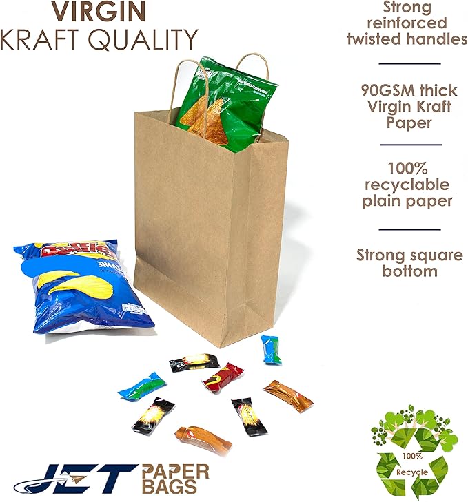 JET PAPER BAGS - 8”x4”x9” Inch [100 Pcs] Brown Paper Bags with Handles Prime for Takeout, Grocery, Goody, Retail, Party, Gifts, Weddings - Recyclable Kraft Paper Gift Bags with Handles