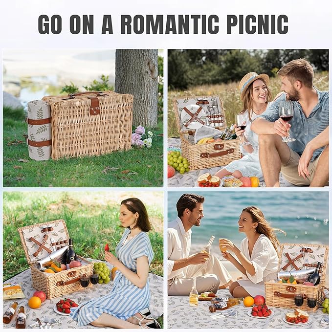HappyPicnic Picnic Basket Set for 2 - Wicker Picnic Basket with Waterproof Blanket & Insulated Liner, Large Handmade Willow Hamper with Cutlery Kit for Outdoor, Picnic, Camping, Party, Holidays (Leaf)