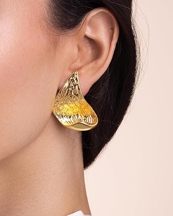 SNGIA18K Gold Plated Dangle Textured Ribbed Irregular Large Leaf Statement Earrings for Women by SNGIA, Handmade Dramatic Geometric Trendy Summer Drop Leaf Flower Jewelry Gifts, Bold Beachy Vintage Plant Fashion Drop Accessories, Vintage Nickle Free Fl...