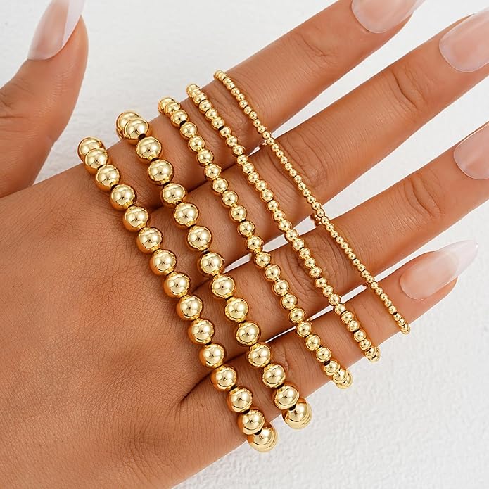 Valentines Day Gifts for Her Teen Wife Gold Beaded Bracelets for Women, 5 Pcs Dainty 14K Gold Plated Chunky Stretch Bead Ball Bracelet Stack