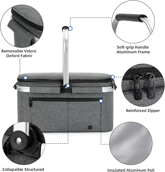 ALLCAMP Picnic Basket - 32L Insulated Cooler, Thickening Foldable Picnic Basket with Removable Baskets & Sewn-in Frame, Basket for House Warming Gifts New Home(Gray)