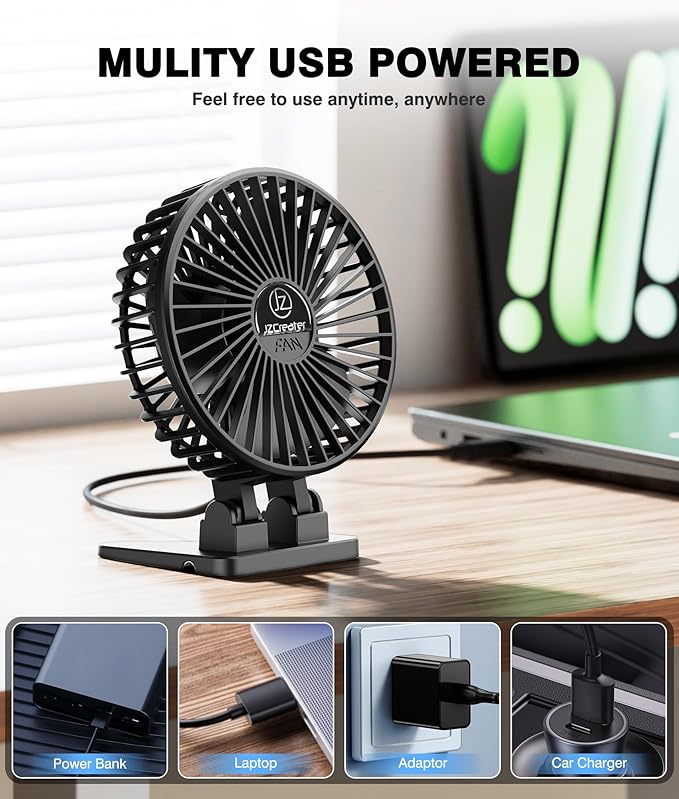JZCreater USB Desk Fan, Mini Portable, 3 Speeds Desktop Table Cooling, Plug in Power, Rotation Strong Wind, Quiet Personal Small for Home Office Travel Bedroom, Black