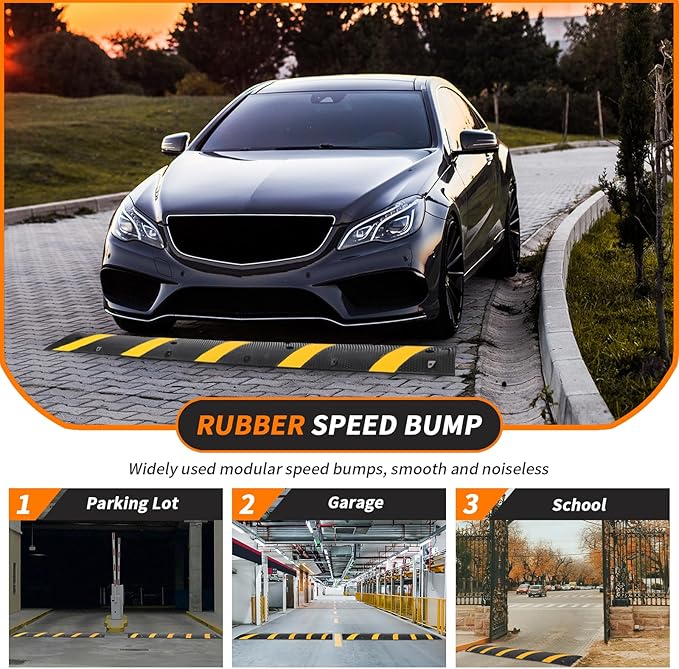 Heavy Duty Speed Bumps for Driveway, 84" Rubber Speed Bumps, 1 Pack 2 Channel Modular Traffic Speed Bump Hump Cable Protector Ramps for Asphalt Concrete Gravel Driveway Road with 2 End Caps, 6 Spikes