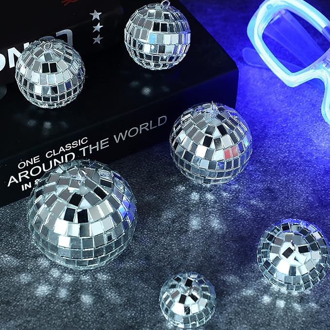 Mtlee 20Pcs Disco Balls Decoration Mirror Disco Ball for Christmas Tree Flies Assorted for Party Decor Hanging Mini Glass Different Size Reflective with Rope for DIY Wedding Music Prom Props