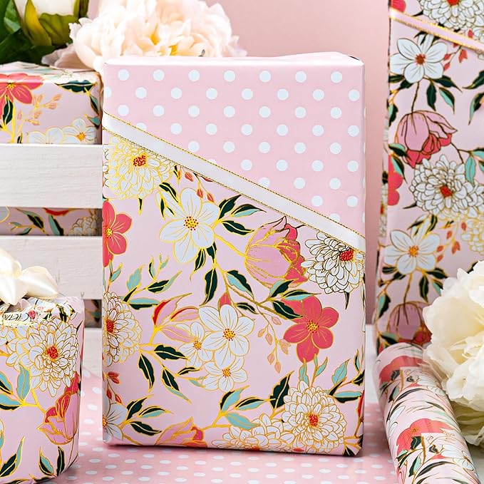 MAYPLUSS Pink Flower Wrapping Paper Roll, Gold Edge Design Floral Gift Wrap For Mothers Day, Wedding, Bridal Shower, Birthday, 17 Inch x 33 Feet