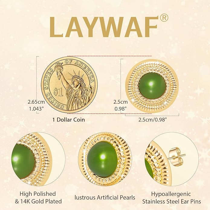 Faux Pearl Gold Plated Stud Earrings for Women, Hypoallergenic Stainless Steel Ear Pin, Available in a Variety of Pearl Colors