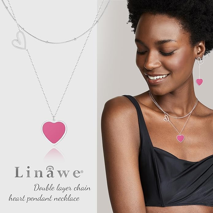 Linawe Layered Choker Heart Pendant Necklace for Women Trendy, Gold/Silver/Rose Gold Chain Stainless Steel Stacked Necklaces, Double Heart Necklace Y2K Preppy Jewelry