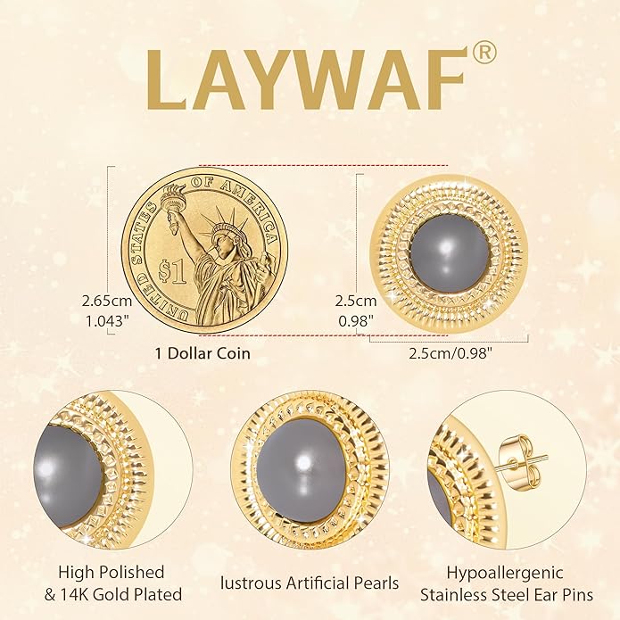Faux Pearl Gold Plated Stud Earrings for Women, Hypoallergenic Stainless Steel Ear Pin, Available in a Variety of Pearl Colors