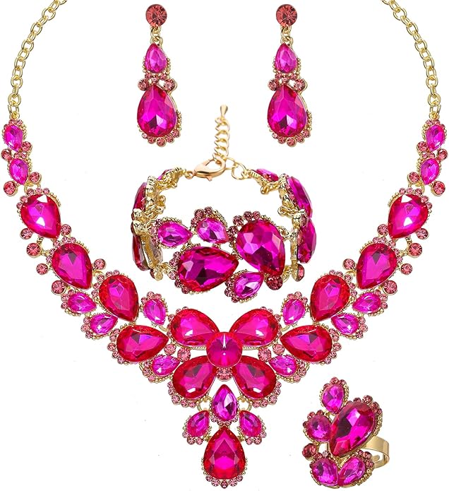 Women's Wedding Bridal Austrian Crystal Glass Teardrop Statement Necklace Dangle Earrings Bracelet Ring Wedding Party Jewelry Set for Bridal Bridesmaid