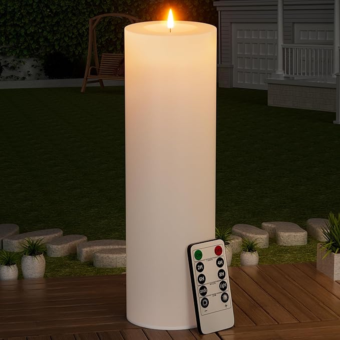 14" x 4" Large Outdoor Candle with Timer Waterproof Flickering LED Flameless Candle Battery Operated with Remote Fake Pillar Candle Realistic for Patio Porch Lantern, White 1 Pack