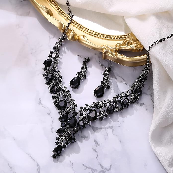 BriLove Women's Wedding Bridal Austrian Crystal Teardrop Flower Cluster Statement Necklace Dangle Earrings Jewelry Set for Party Prom