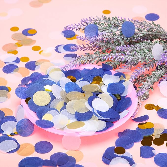 TecUnite Round Tissue Paper Table Confetti Dots for Wedding Birthday Party Decoration, 1.76 oz(Blue Gold Confetti,2.5 cm)