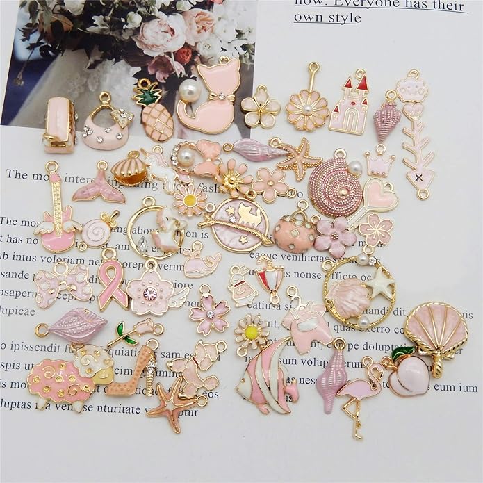 40pcs(20PAIRS) Assorted Gold Tone Enamel Animals Fruit Moon Star Dainty Dangle Flowers Pendants Charms for Jewelry Making Necklace Bracelet, Pink Theme
