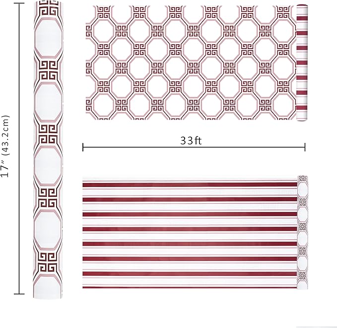 LaRibbons Reversible Minimalist Christmas Wrapping Paper, Greek Key Geometric & Striped Design - Burgundy Pink Modern Gift Wrap for Birthday, Holiday, Xmas Party Celebration, 17 Inch × 33 Feet