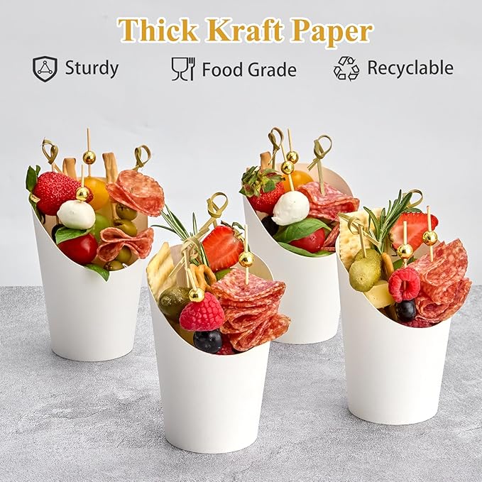50 Sets 14 oz Charcuterie Cups with Sticks and Bags, Individual White Paper Charcuterie Boxes Disposable Individual Appetizer Serving Cups (50 Cups + 200 Cocktail Picks + 50 Bags + 50 Ties)