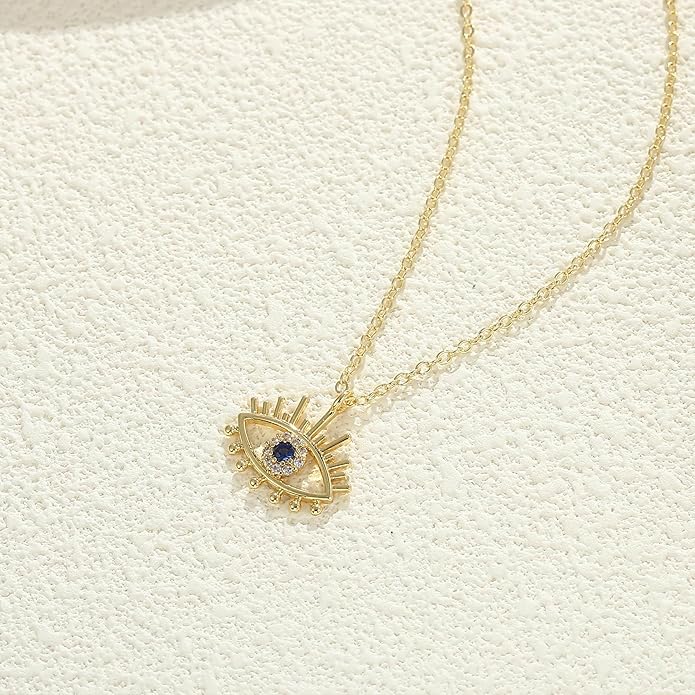 Evil Eye Necklace for Women 14K Gold Plated Delicate Necklaces Blue White CZ Diamond Pendant Necklace Cute Boho Tiny Evil Eye Lucky Protection Jewelry Gift for Women