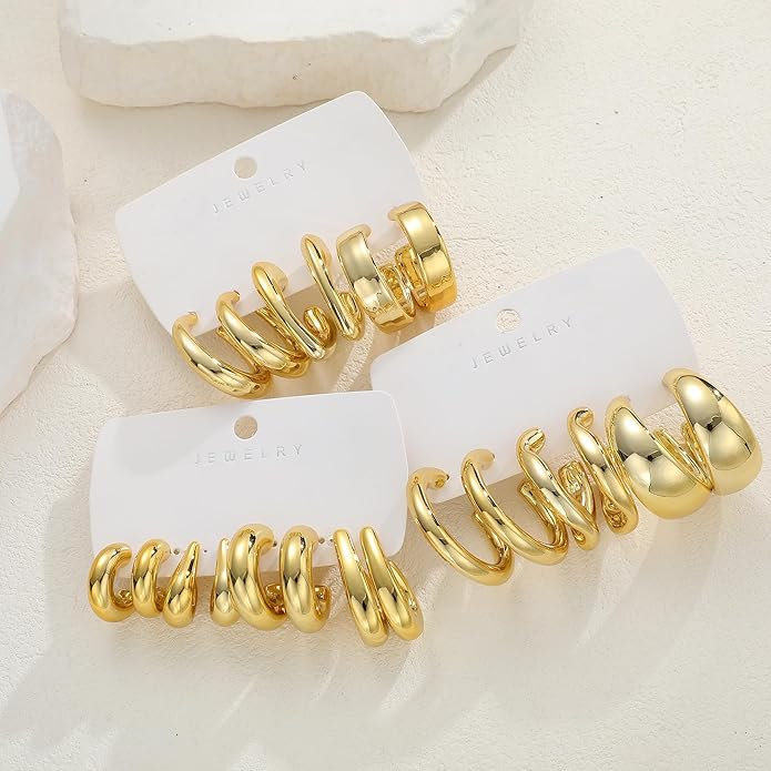 12 Pairs Chunky Gold Hoop Earrings for Women Trendy, Gold Plated Lightweight Hypoallergenic Stack, Thick Open Twisted Huggie Hoops Earring Set
